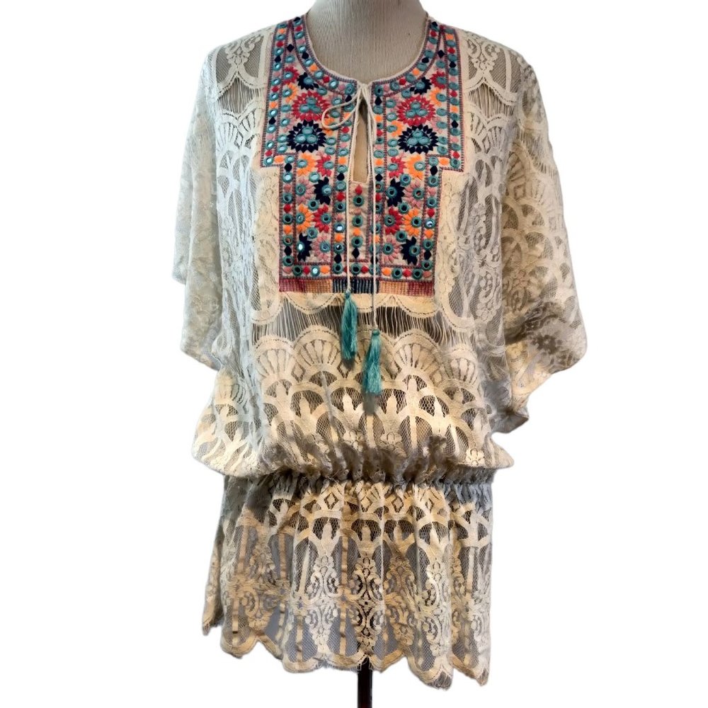 Laurie & Joe Womens White Lace Embroidered Tassel Boho Tunic Coverup Top S